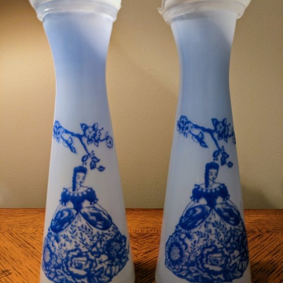 Other - Rare VTG Pair Of Blue Glass Vases, Crinoline Lady Style Pattern, Reverse Painted